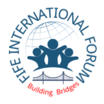 logo circle TRUE The Fife International Forum logo. This depicts 3 human icons in front of a globe and above a bridge. The text "FIFE INTERNATIONAL FORUM. BUILDING BRIDGES" circles around the image.